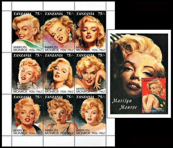 TANZANIA/SELLOS, 1992 - CINE - MARILYN MONROE - YV 807/15 + BF 143 - HOJITA + BLOQUE - NUEVO