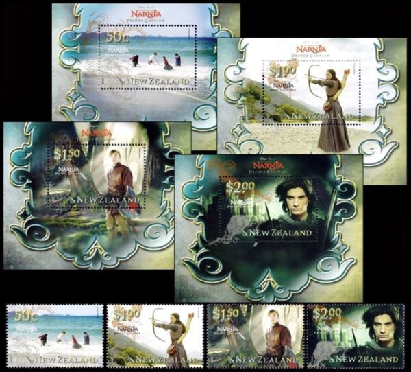 NUEVA ZELANDIA/SELLOS, 2008 - CINE - EL MUNDO DE NARNIA - YV 2401/04 + BF 230/33 - 4 VALORES + BLOQUE - NUEVO