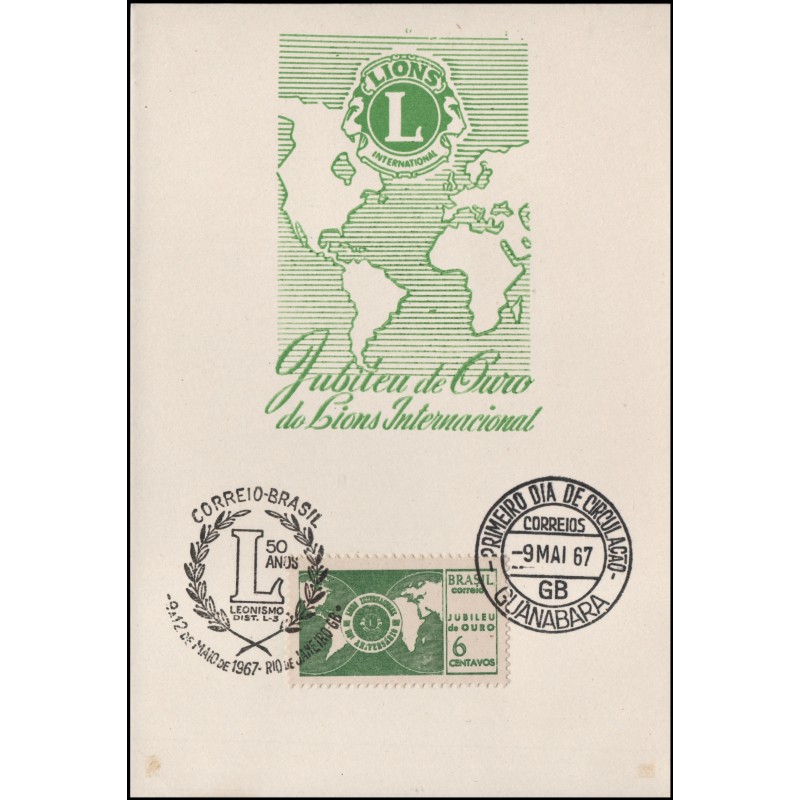 BRAZIL/POSTAL CARDS, 1967 - LIONS CLUB YV 821 - SPECIAL CANCELLATION -FDC  -50 ANNIVERSARY OF LEONISM - Filatelia Kevorkian