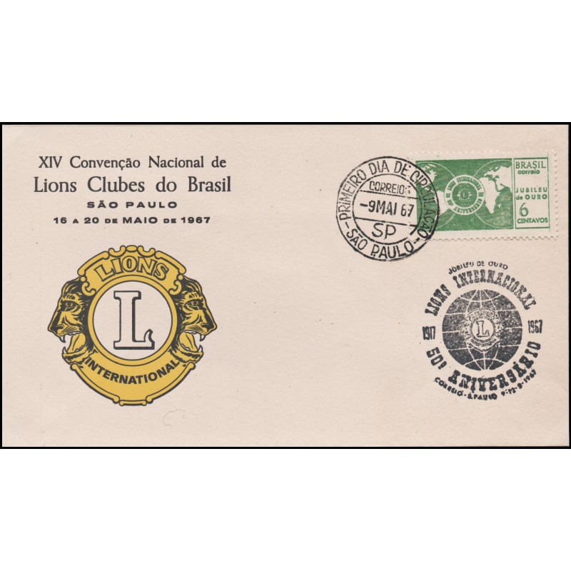 BRAZIL/COVERS, 1967 - LIONS CLUB YV 821 - SPECIAL CANCELLATION -FDC - 50  ANNIV LIONS INTERNATIONAL - Filatelia Kevorkian