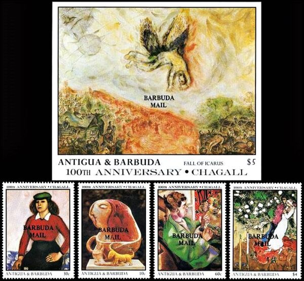 BARBUDA/SELLOS, 1987 - PINTURAS - MARC CHAGALL - YV 910/13 + BF 117 - 4 VALORES + BLOQUE - NUEVO