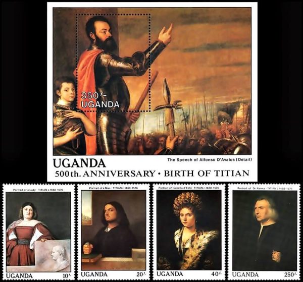 UGANDA/SELLOS, 1989 - PINTURA - TIZIANO - YV 518/21 + BF 81 - 4 VALORES + BLOQUE - NUEVO