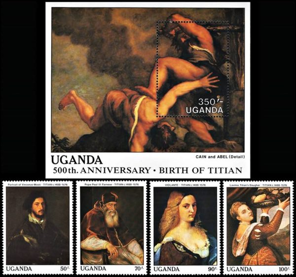 UGANDA/SELLOS, 1989 - PINTURA - TIZIANO - YV 534/37 + BF 85 - 4 VALORES + BLOQUE - NUEVO