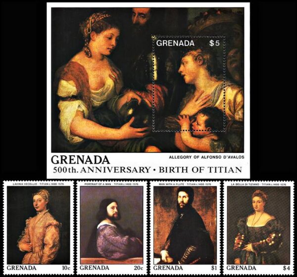 GRANADA/SELLOS, 1989 - PINTURA - TIZIANO - YV 1555/58 + BF 195 - 4 VALORES + BLOQUE - NUEVO