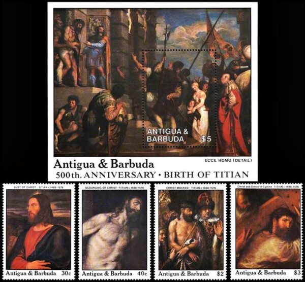 ANTIGUA/SELLOS, 1989 - PINTURA - TIZIANO - YV 1074/77 + 141 - 4 VALORES + BLOQUE - NUEVO