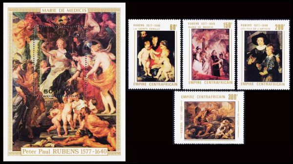 CENTROAFRICANA/SELLOS, 1977 - PINTURAS - PEEDRO PABLO RUBENS - 320/23 + BF 21 - 4 VALORES + BLOQUE - NUEVO