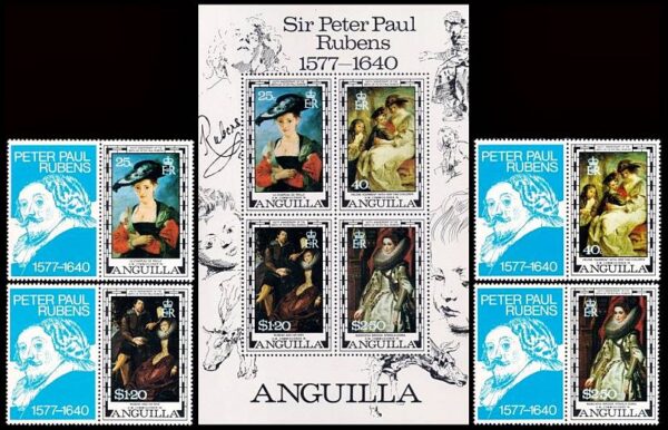 ANGUILLA/SELLOS, 1977 - PINTURAS - PEDRO PABLO RUBENS - YV 259/62 + BF 18 - 4 VALORES + BLOQUE - NUEVO