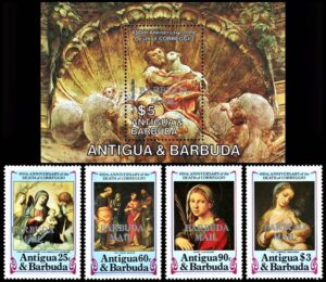 BARBUDA/SELLOS, 1984 - PINTURAS - CORREGGIO - YV 716/19 + BF 81 - 4 VALORES + BLOQUE - NUEVO