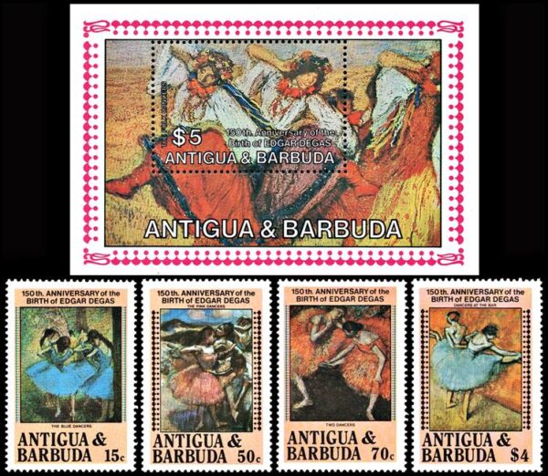 ANTIGUA/SELLOS, 1984 - PINTURAS - EDGAR DEGAS - YV 785/88 + BF 84 - 4 VALORES + BLOQUE - NUEVO