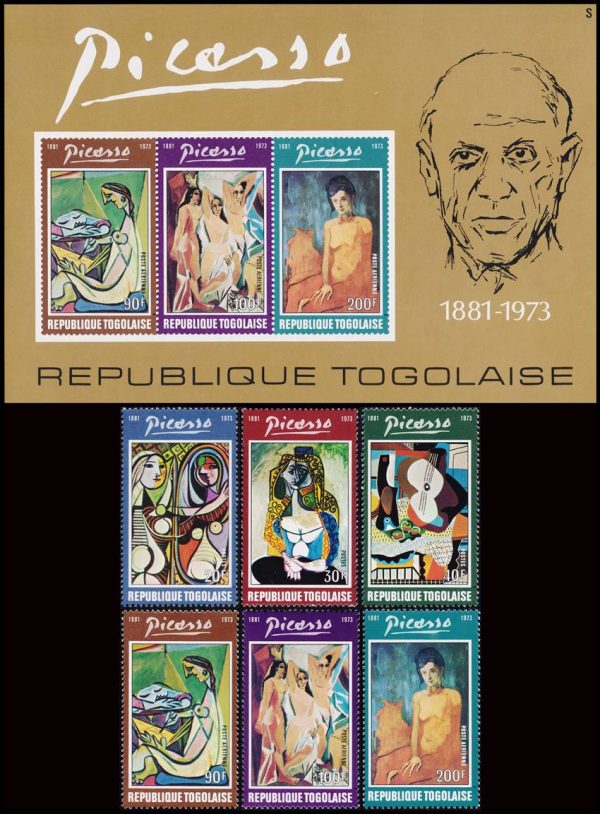 TOGO/SELLOS, 1974 - PINTURAS - PABLO PICASSO - YV 801/03 + A 219/21 + BF 75 - 6 VALORES + BLOQUE - NUEVO