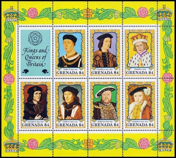 GRANADA/SELLOS, 1984 - REALEZA - REYES Y REINAS DE INGLATERRA - YV 1140/46 - HOJITA - NUEVO