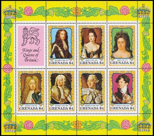 GRANADA/SELLOS, 1984 - REALEZA - REYES Y REINAS DE INGLATERRA - YV 1173/79 - HOJITA - NUEVO