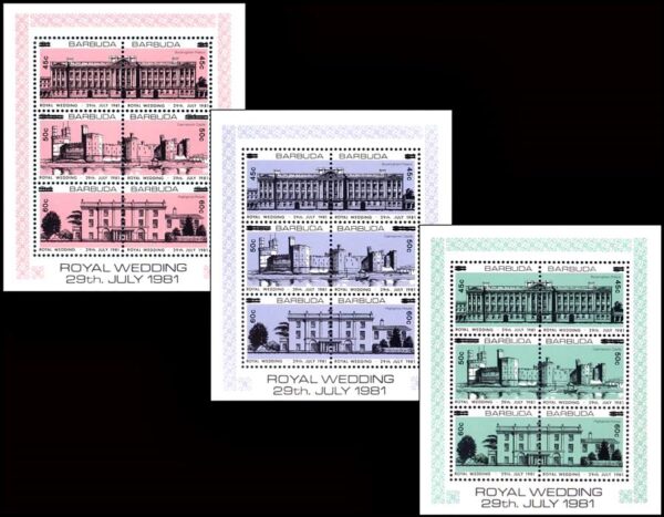 BARBUDA/SELLOS, 1983 - REALEZA - SERIE ORDINARIA - YV 630/47 - 3 HOJITAS - NUEVO