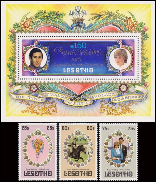 LESOTHO/SELLOS, 1981 - BODA REAL - LADY DIANAN SPENCER - PRINCIPE CARLOS - YV 456/58 + BF 9 - 3 VALORES -+ BLOQUE - NUEVO