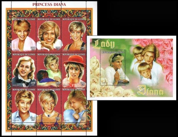 GUINEA/SELLOS, 1997 - LADY DIANA SPENCER - YV 1134A/34J + BF 123A - HOJITA + BLOQUE - NUEVO