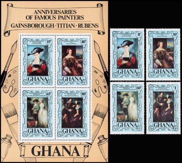 GHANA/SELLOS, 1977 - PINTURAS - PEDRO PABLO RUBENS - YV 593/96 + BF 70 - 4 VALORES + BLOQUE - NUEVO