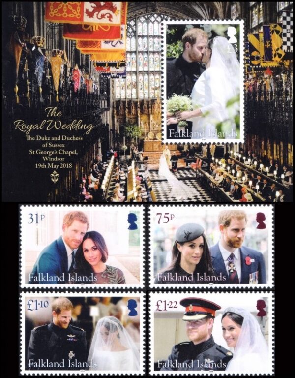 FALKLANDS/STAMPS, 2018 - ROYAL WEDDING - YV 1288/91 + BF 52 4 VALUES + SOUVENIR SHEET - MNH