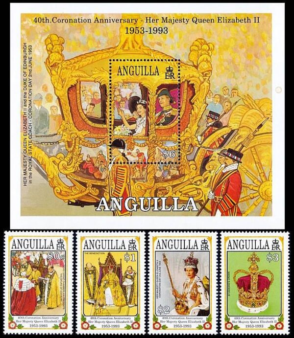 ANGUILLA/SELLOS, 1993 - REALEZA - ELIZABETH II - YV 821/24 + BF 97 - 4 VALORES + BLOQUE - NUEVO