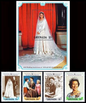 GRANADA/SELLOS, 1987 - REALEZA- ELIZABETH II - YV 1538/41 + BF 190 - 4 VALORES + BLOQUE - NUEVO