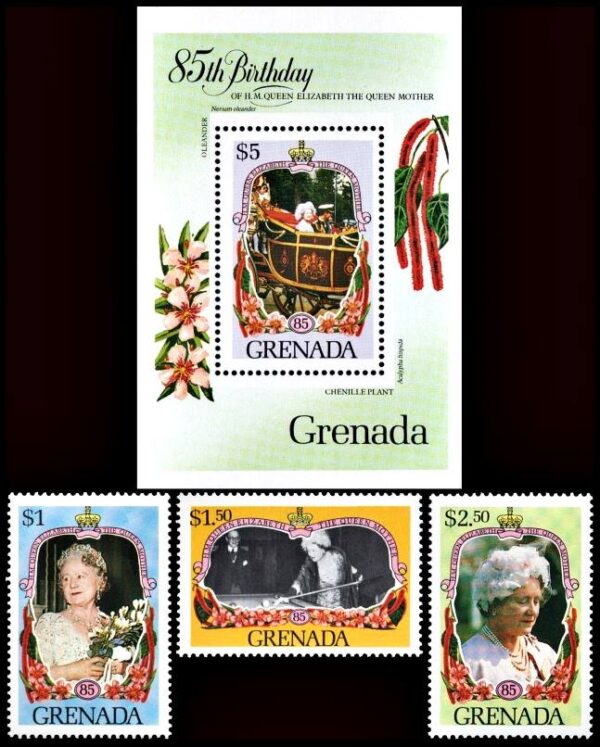 GRANADA/SELLOS, 1985 - REALEZA - LA REINA MADRE - YV 1236/38 + BF 134 - 3 VALORES + BLOQUE - NUEVO