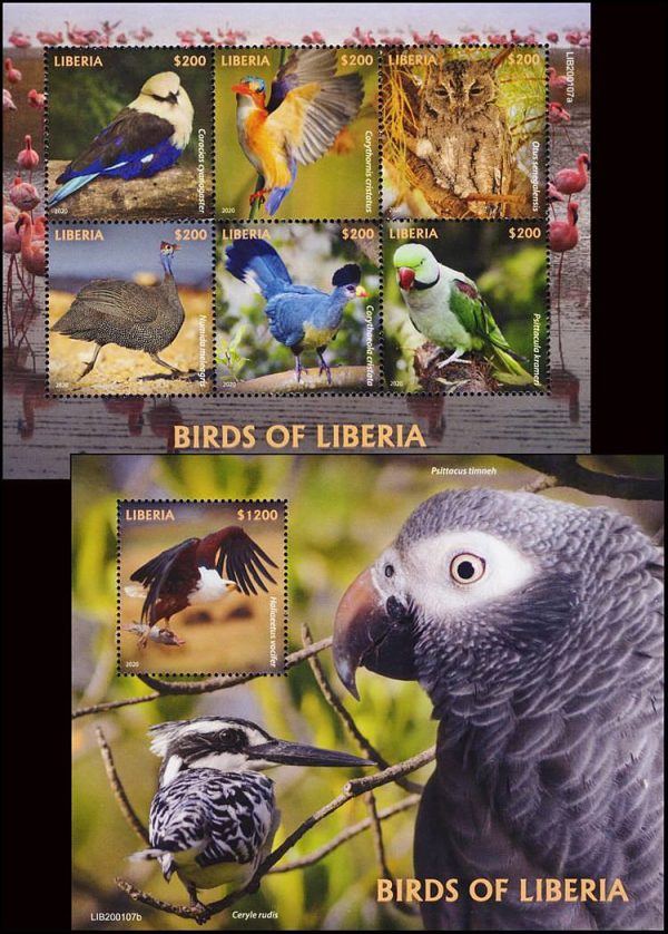 LIBERIA/SELLOS, 2020 - AVES - HOJITA + BLOQUE - NUEVO