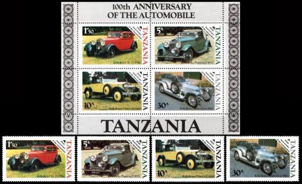 TANZANIA/SELLOS, 1986 - AUTOMOVILES - YV 267/70 + BF 42 - 4 VALORES + BLOQUE - NUEVO