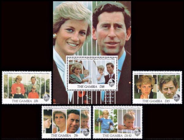 GAMBIA/SELLOS, 1981 -REALEZA - LADY DIANA SPENCER - PRINCIPE CARLOS - YV 1023/26 -+ BF 111 - 4 VALORES + BLOQUE - NUEVO