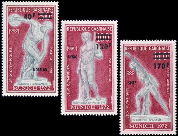 GABON/SELLOS, 1972 - JUEGOS OLIMPICOS MUNICH 1972 - MEDALLAS - YV 134/36 - 3 VALORES - NUEVO