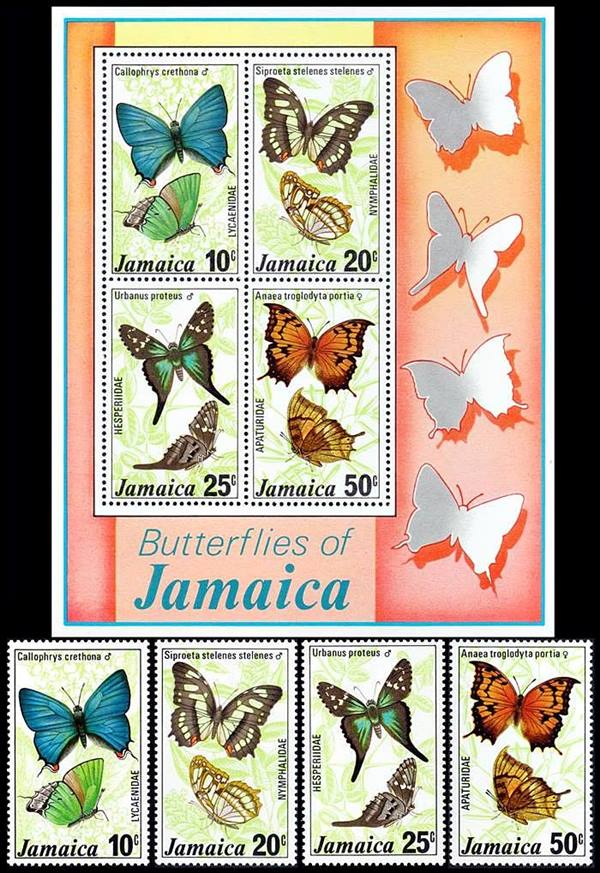 JAMAICA/SELLOS, 1978 - MARIPOSAS - YV 443/46 + BF 12 - 4 VALORES + BLOQUE - NUEVO