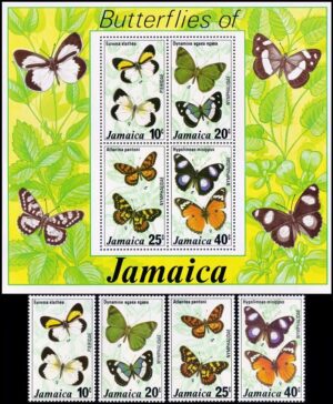 JAMAICA/SELLOS, 1977 - MARIPOSAS - YV 431/34 + BF 10 - 4 VALORES + BLOQUE - NUEVO