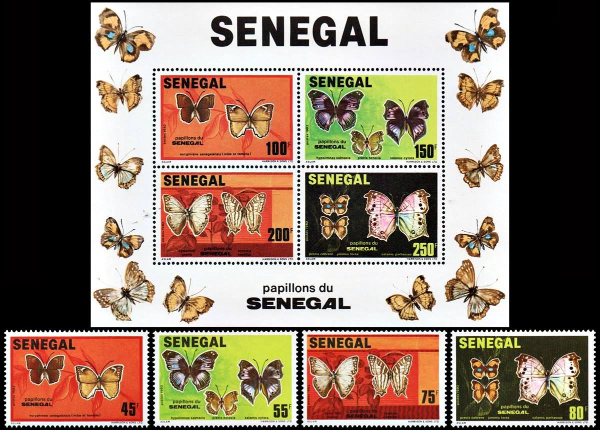 SENEGAL/SELLOS, 1982 - MARIPOSAS - YV 566/69 + BF 25 - 4 VALORES + BLOQUE - NUEVO
