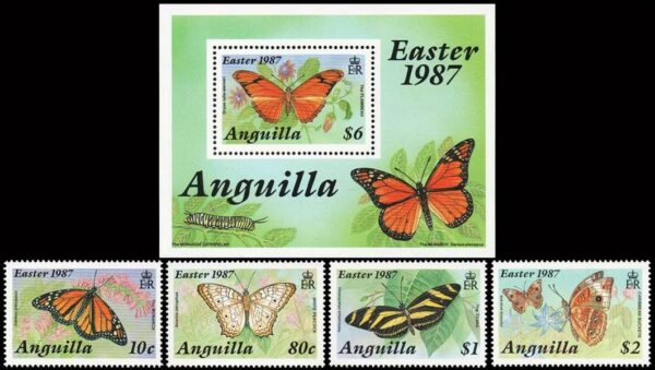 ANGUILLA/SELLOS, 1987 - MARIPOSAS - YV 667/70 + BF 76 - 4 VALORES + BLOQUE - NUEVO