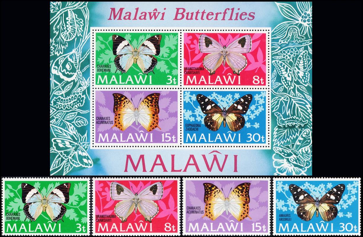 MALAWI/SELLOS, 1973 - MARIPOSAS - YV 195/99 + BF 130 - 4 VALORES + BLOQUE - NUEBO