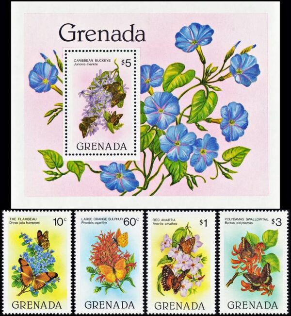 GRANADA/SELLOS, 1982 - MARIPOSAS - YV 1027/30 + BF 101 - 4 VALORES + BLOQUE - NUEVO