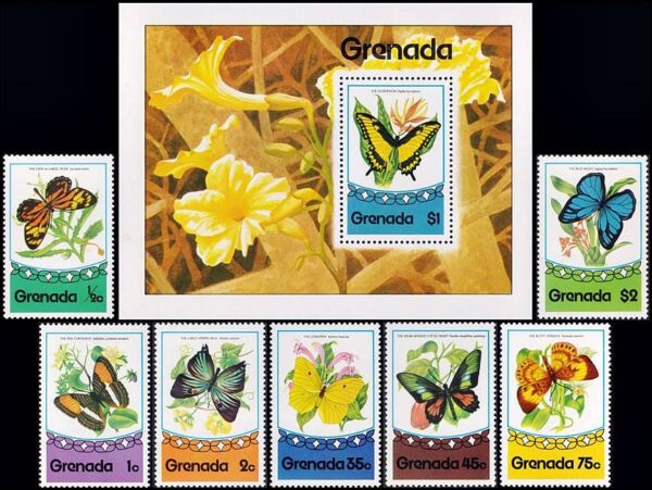 GRANADA/SELLOS, 1975 - MARIPOSAS - YV 625/31 + BF 45 - 7 VALORES + BLOQUE - NUEVO