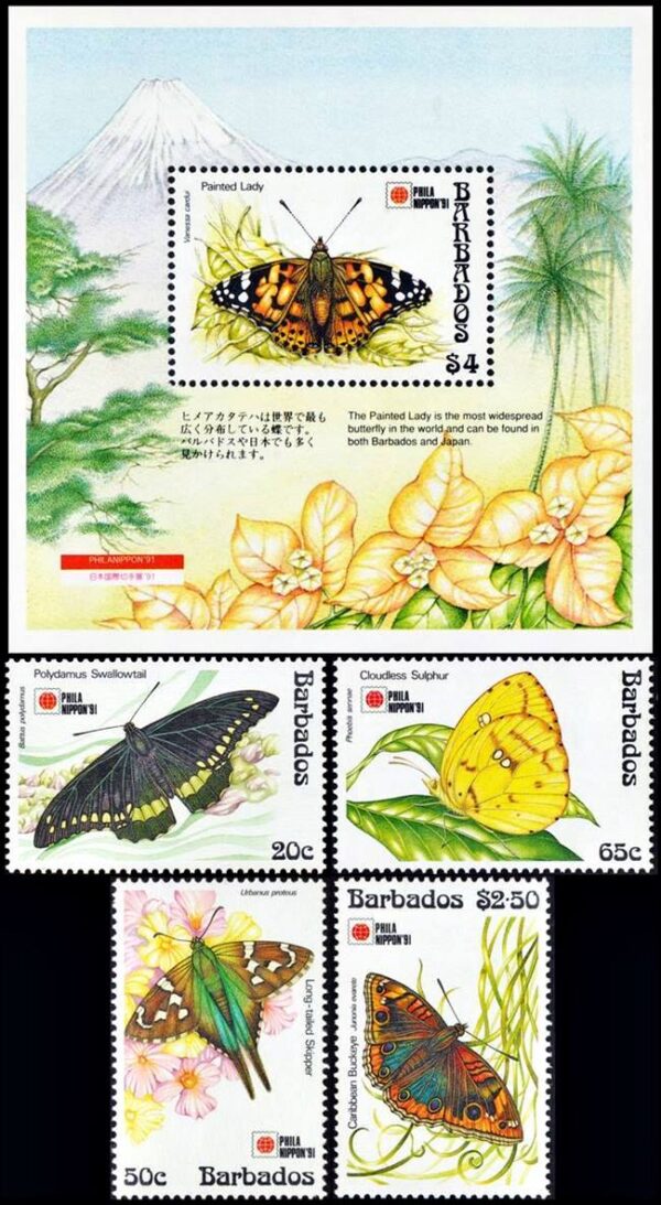 BARBADOS/SELLOS, 1991 - MARIPOSAS - YV 816/19 + BF 29 - 4 VALORES + BLOQUE - NUEVO