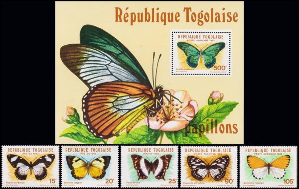 TOGO/SELLOS, 1982 - MARIPOSAS - YV 1076/78 ++ A 477/78 + BF 164 - 5 VALORES + BLOQUE - NUEVO