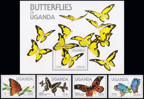 UGANDA/SELLOS, 1984 - MARIPOSAS - YV 354/57 + BF 45 - 4 VALORES + BLOQUE - NUEVO