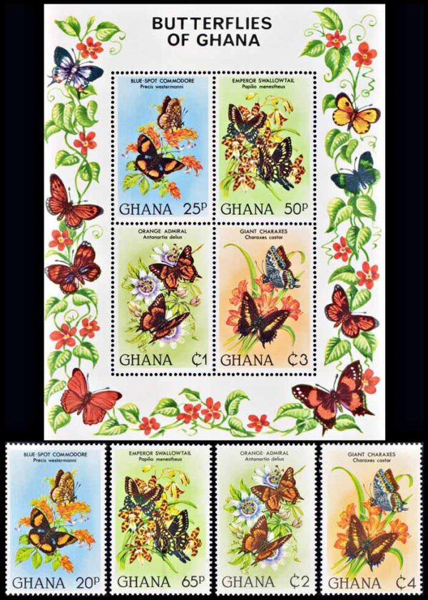 GHANA/SELLOS, 1982 - MARIPOSAS - YV 740/43 + BF 93 - 4 VALORES + BLOQUE - NUEVO