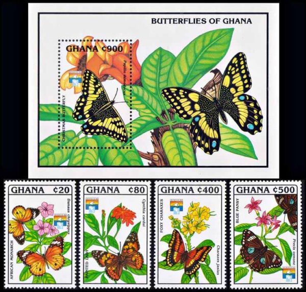 GHANA/SELLOS, 1992 - MARIPOSAS - YV 1338/1341 + BF 190 - 4 VALORES + BLOQUE - NUEVO