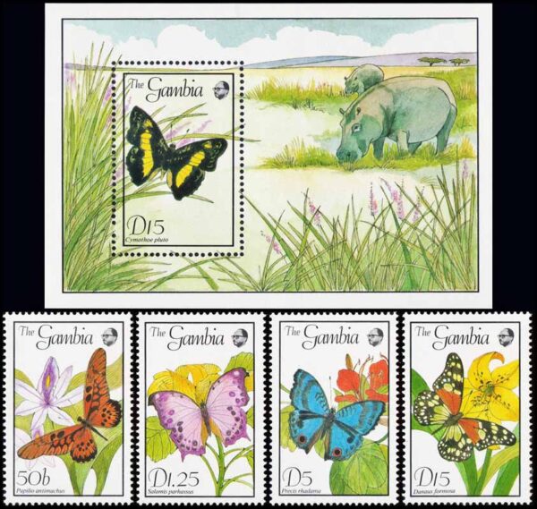 GAMBIA/SELLOS. 1989 - MARIPOSAS - FAUNA - YV 785/8 + BF 63 - 4 VALORES + BLOQUE -