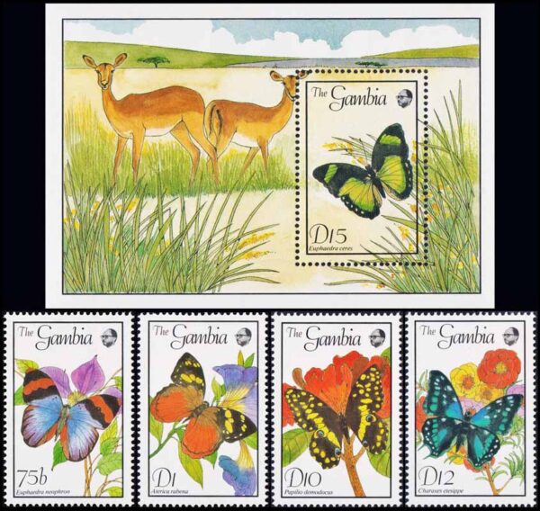 GAMBIA/SELLOS, 1989 - MARIPOSAS - ANTILOPES - YV 797/800 + BF 66 - 4 VALORES + BLOQUE - NUEVO