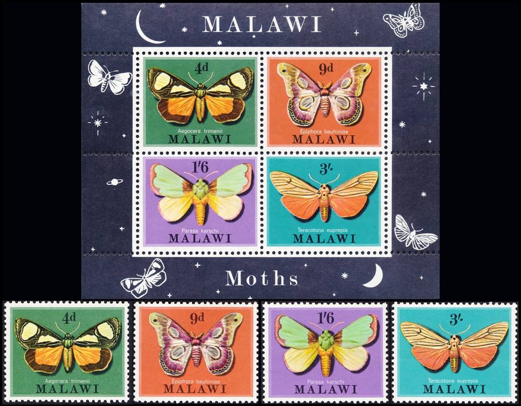 MALAWI/SELLOS, 1970 - MARIPOSAS - YV 134/37 + BF 19 - 4 VALORES + BLOQUE - NUEVO