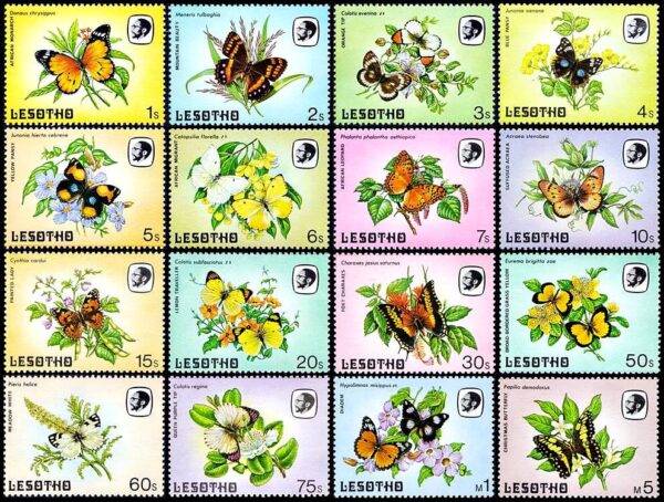 LESOTHO/SELLOS, 1984 - MARIPOSAS - FLORES - SERIE ORDINARIA - YV 561/76 - 16 VALORES - NUEVO