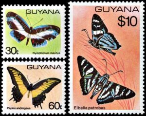 GUYANA/SELLOS, 1980 - MARIPOSAS - SERIE ORDINARIA - YV 554/56 - 3 VALORES - NUEVO