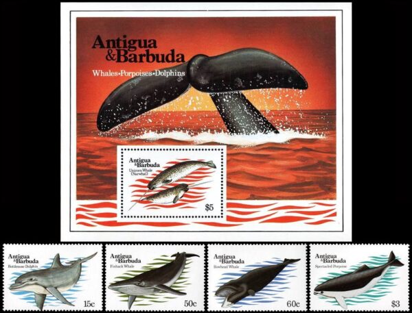 ANTIGUA/SELLOS, 1983 - BALLENAS Y DELFINES - YV 697/700 + BF 71 - 4 VALORES + BLOQUE - NUEVO