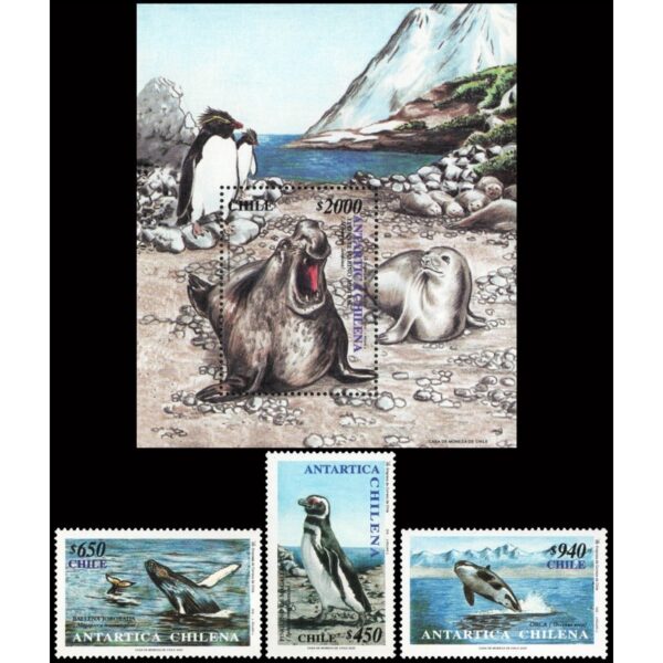 CHILE/STAMPS, 2000 -  ANTARCTIC - WHALES - PENGUINS - SEA LION YV 1570A/1570C + BF 63 - 3 VALUES + SOUV SHEET - MNH