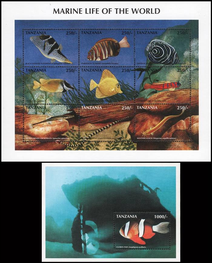 TANZANIA/SELLOS, 1998 - FAUNA MARINA - PECES - YV 2323/31 + BF 351 - HOJITA + BLOQUE - NUEVO