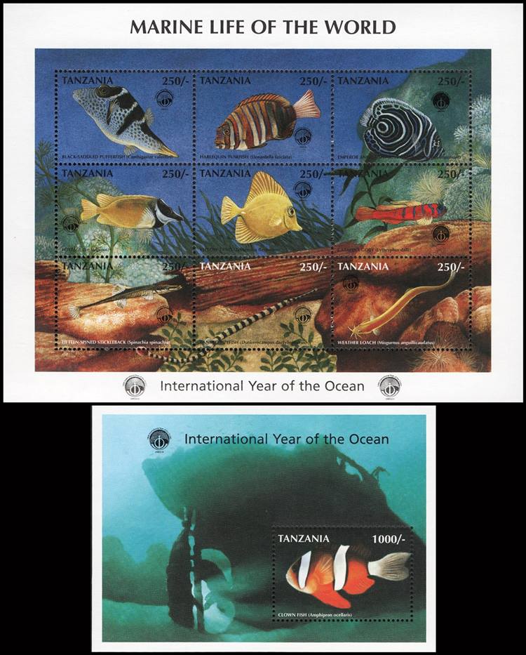 TANZANIA/SELLOS, 1998 - FAUNA MARINA - PECES - AÑO DE LOS OCEANOS - YV 2573/81 + BF 386 - HOJITA + BLOQUE - NUEVO