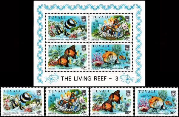 TUVALU/SELLOS, 1989 - FAUNA MARINA - CORALES - PECES - YV 519/22 + BF 38 - 4 VALORES + BLOQUE - NUEVO